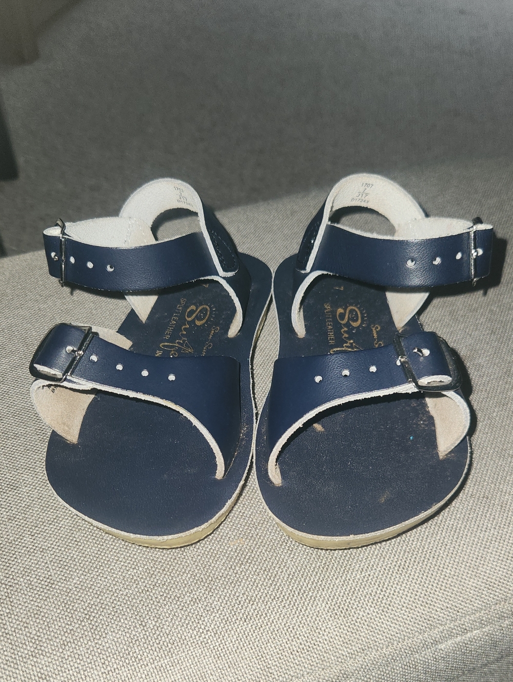 Kids Navy Leather Buckle Sandals
